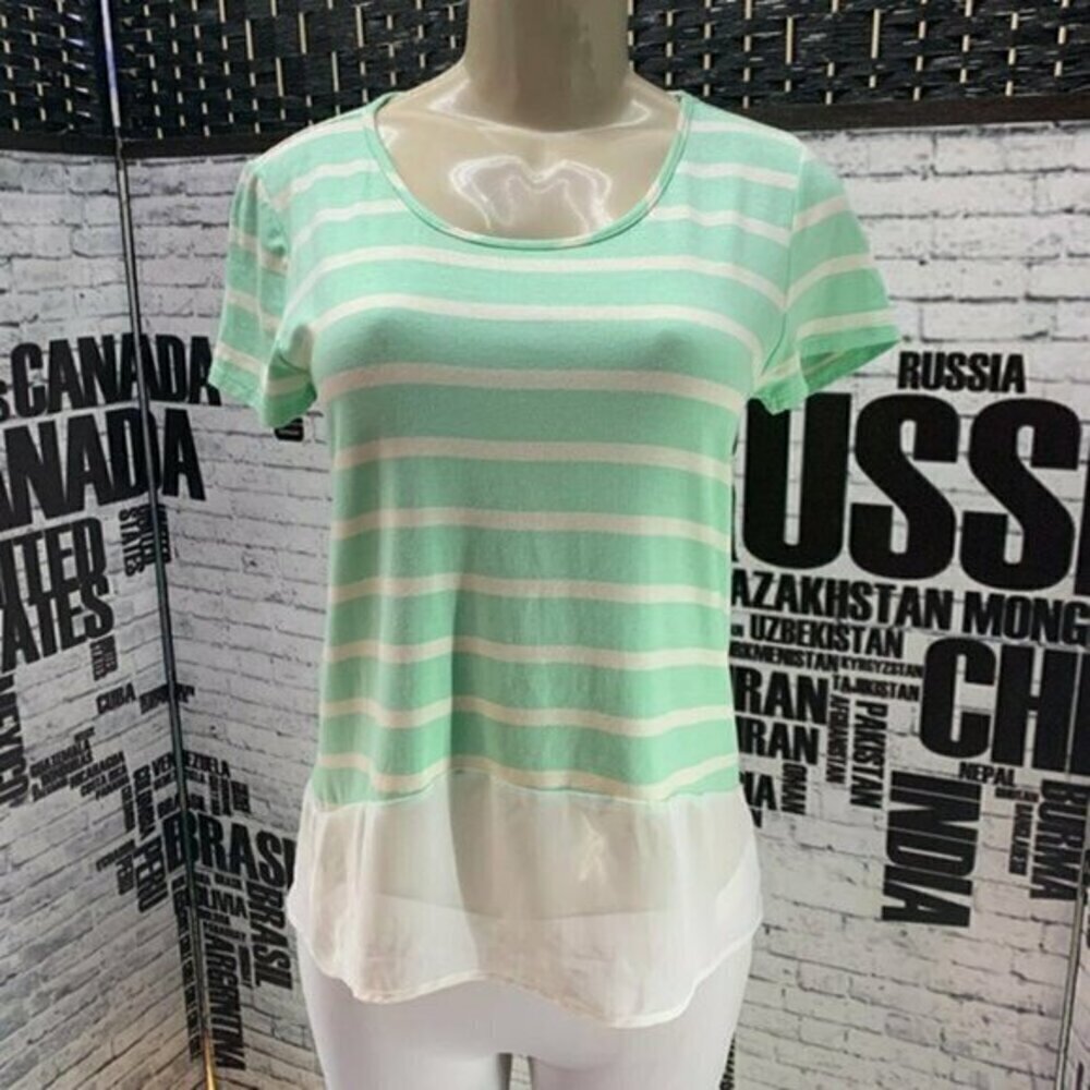 Cha Cha Vente S  Mint Green Striped Sheer Step- Hem Short Sleeve Tee